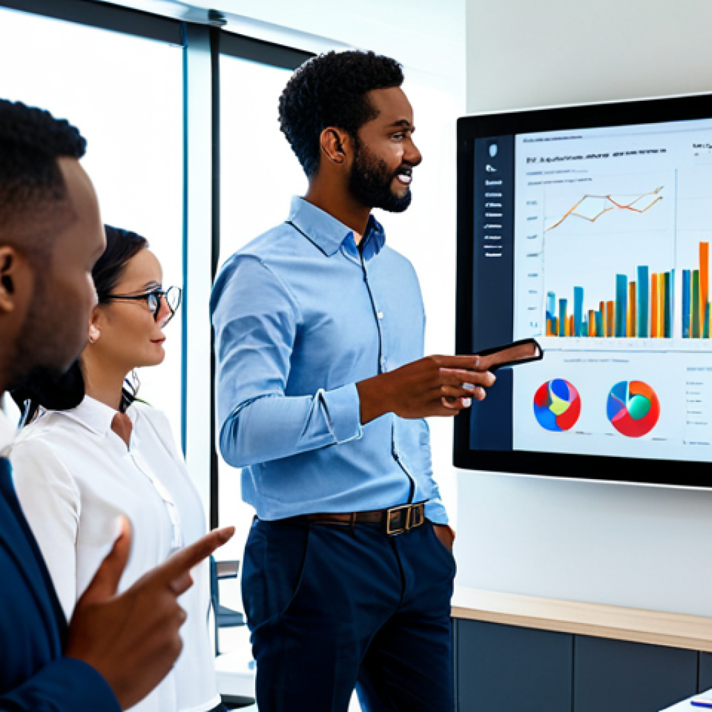 A diverse group of professional adults, fully clothed in modest business casual attire, are actively collaborating around a large, interactive digital display in a modern, brightly lit open-plan office. The screen displays complex data visualizations and charts, reflecting data-driven insights. The individuals are engaged in discussion, pointing at the screen, and taking notes, embodying an agile, forward-thinking team. The background features contemporary office architecture with soft, natural lighting. safe for work, appropriate content, fully clothed, professional, perfect anatomy, correct proportions, natural pose, well-formed hands, proper finger count, natural body proportions, high quality, professional photography.