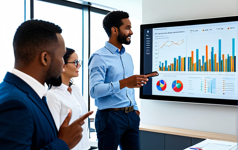 A diverse group of professional adults, fully clothed in modest business casual attire, are actively collaborating around a large, interactive digital display in a modern, brightly lit open-plan office. The screen displays complex data visualizations and charts, reflecting data-driven insights. The individuals are engaged in discussion, pointing at the screen, and taking notes, embodying an agile, forward-thinking team. The background features contemporary office architecture with soft, natural lighting. safe for work, appropriate content, fully clothed, professional, perfect anatomy, correct proportions, natural pose, well-formed hands, proper finger count, natural body proportions, high quality, professional photography.