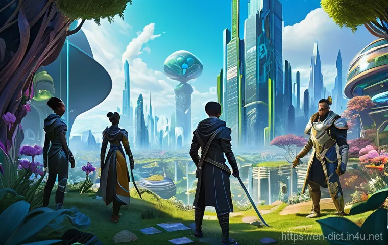 NFT 용어집 - **Prompt:** A bustling, futuristic NFT marketplace scene. Diverse digital avatars, each wearing uniq...