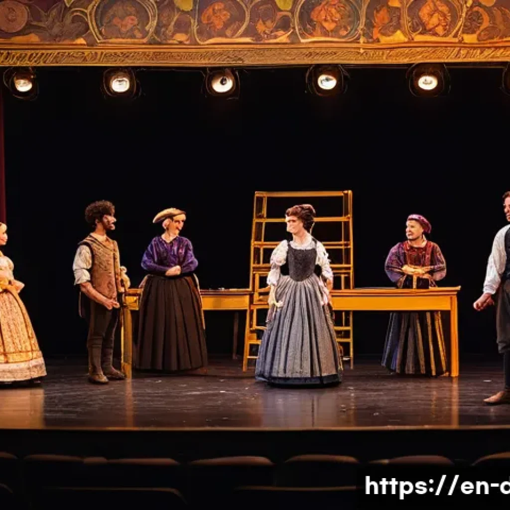 연극 용어집 - A vibrant theater stage scene during a rehearsal: actors in period costumes practicing blocking with...