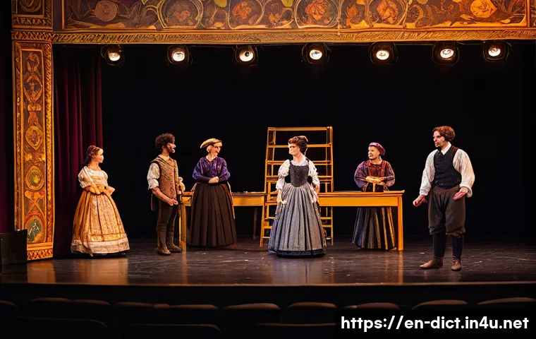 연극 용어집 - A vibrant theater stage scene during a rehearsal: actors in period costumes practicing blocking with...