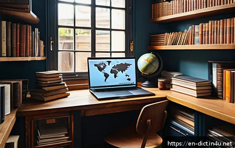사전의 정확도 - A modern lexicographer&rsquo;s cozy study room filled with bookshelves stacked with dictionaries, a large ...