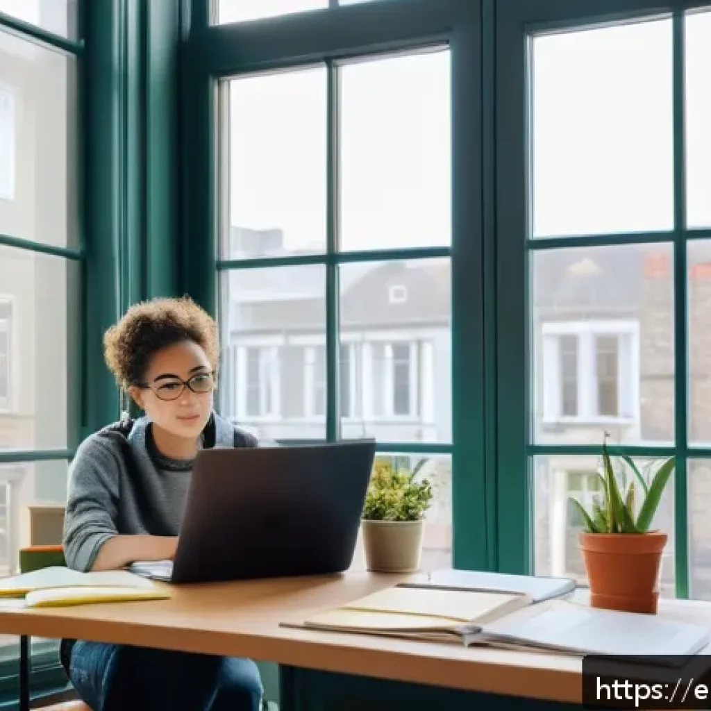 학문적 용어집 - A modern academic workspace featuring a young adult student sitting at a sleek desk in a bright, coz...