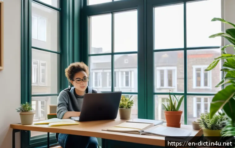 학문적 용어집 - A modern academic workspace featuring a young adult student sitting at a sleek desk in a bright, coz...
