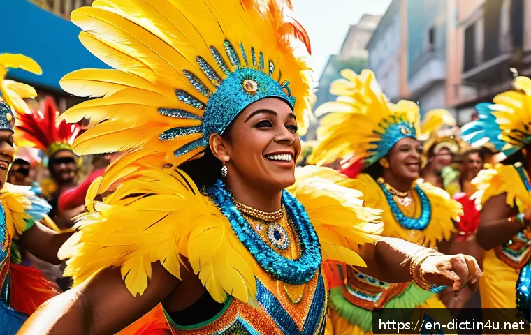 문화 용어집 - A vibrant street scene during Rio’s Carnival in Brazil, featuring a diverse crowd of joyful people d...