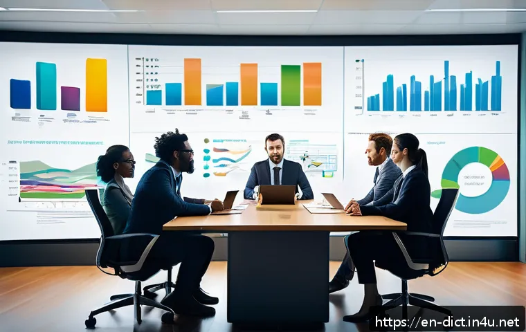 업계 용어집 - A modern office meeting room scene featuring a diverse group of professionals collaborating around a...