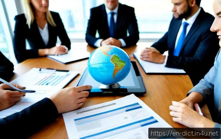 글로벌 용어집 - Photorealistic global business glossary concept, diverse international professionals seated around a...