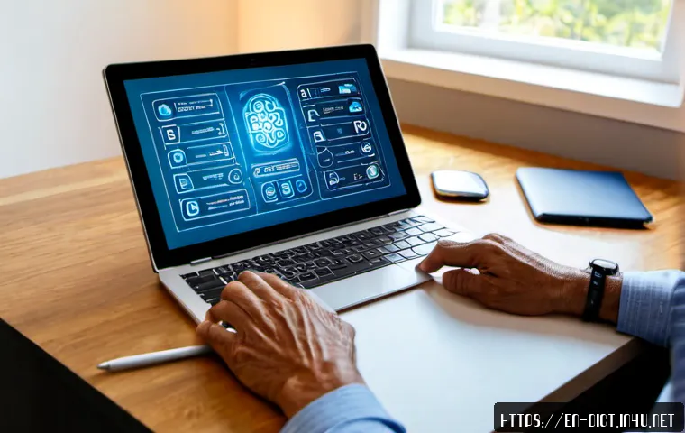 인공지능 용어집 - Photorealistic modern home office scene illustrating an artificial intelligence glossary concept, an...
