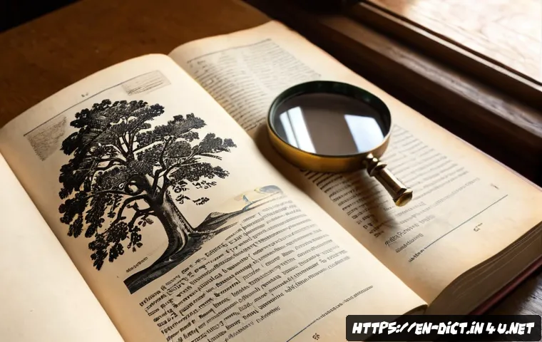 어원 사전 - Photorealistic close-up of an open vintage etymology reference book with completely blank, unmarked ...